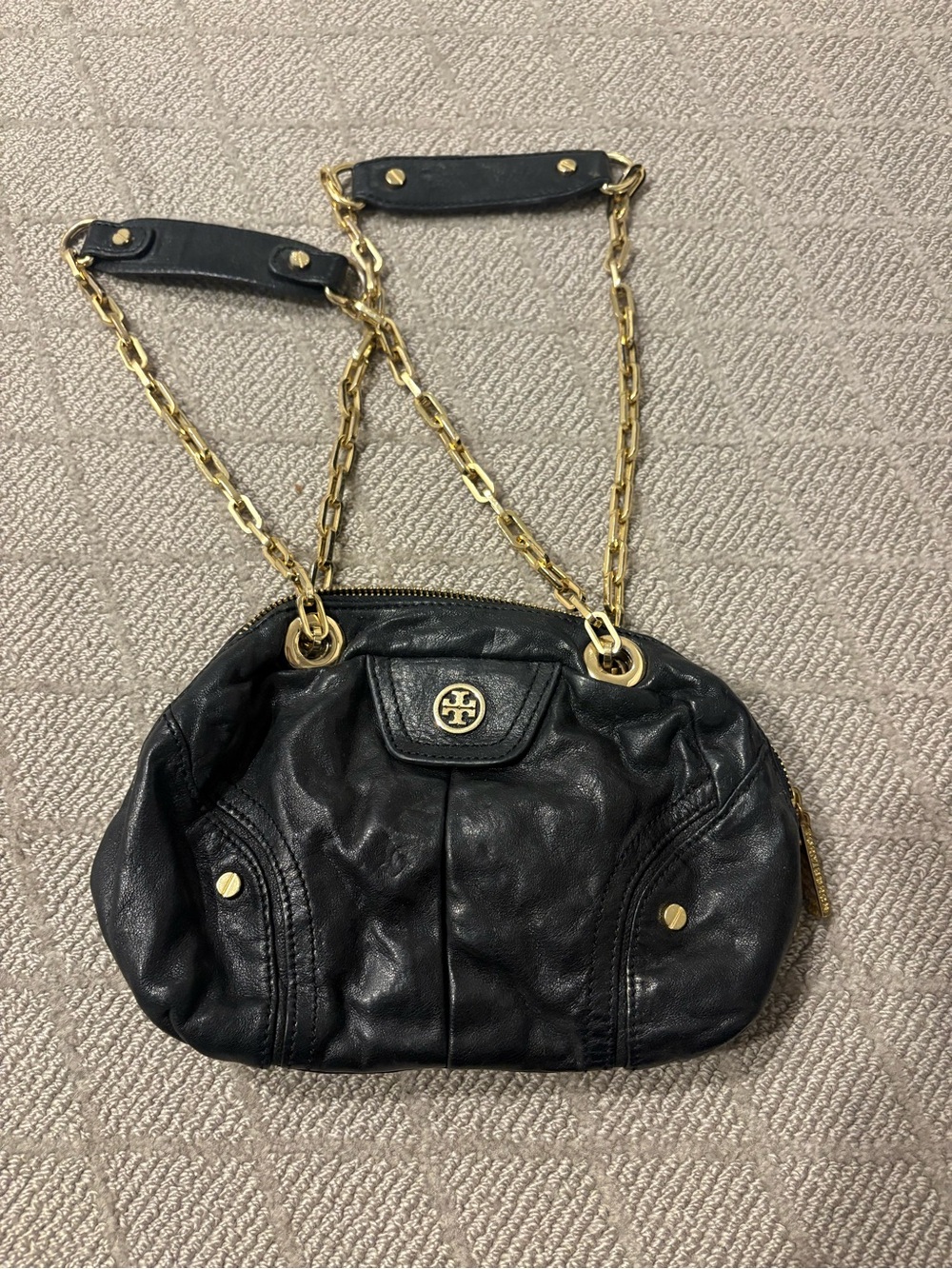 Tory Burch Black Leather Chain Shoulder Bag with Gold Hardware